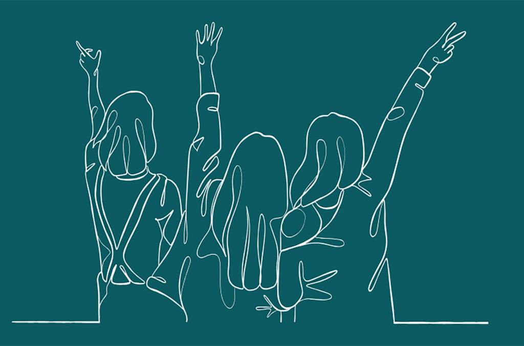 A line drawing of three youth raising their hands as if asking a question or joining in.