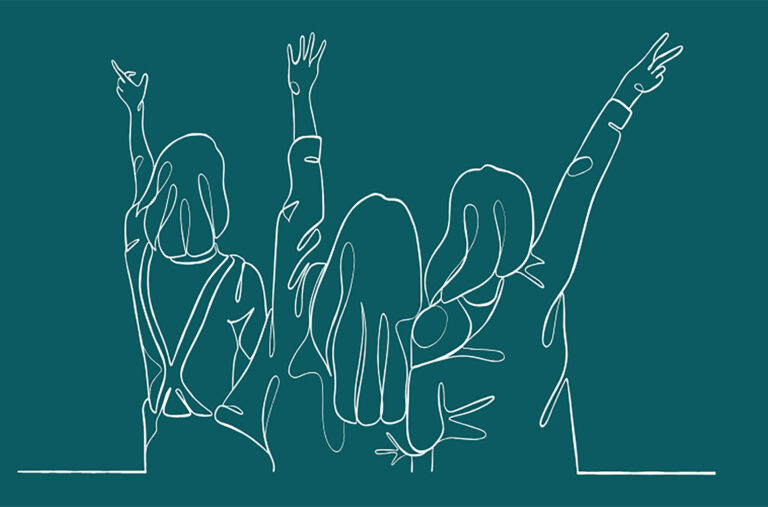 A line drawing of three youth raising their hands as if asking a question or joining in.