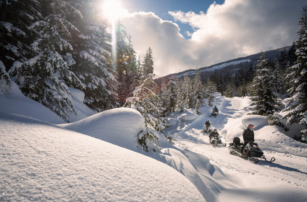 Snowmobilers follow a guide in Whistler's backcountry. Snow blankets the ground and it's sunny.