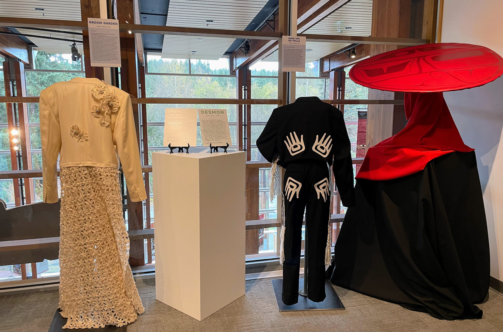 The work of designer, Desmon "Day Day' Pack at the Woven Pathways exhibit at the Squamish Lil'wat Cultural Centre.