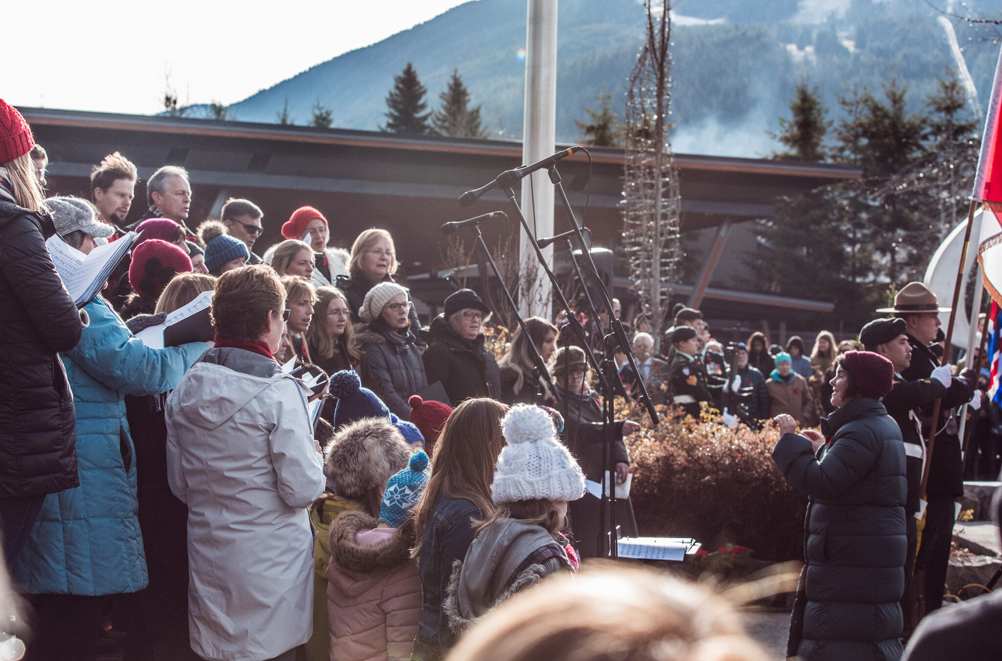 Allison Hunter Conductor of the Whistler singers and Jeanette Bruce, conductor of the Whistler Children Choir, direct the Remembrance Day performance in 2018.