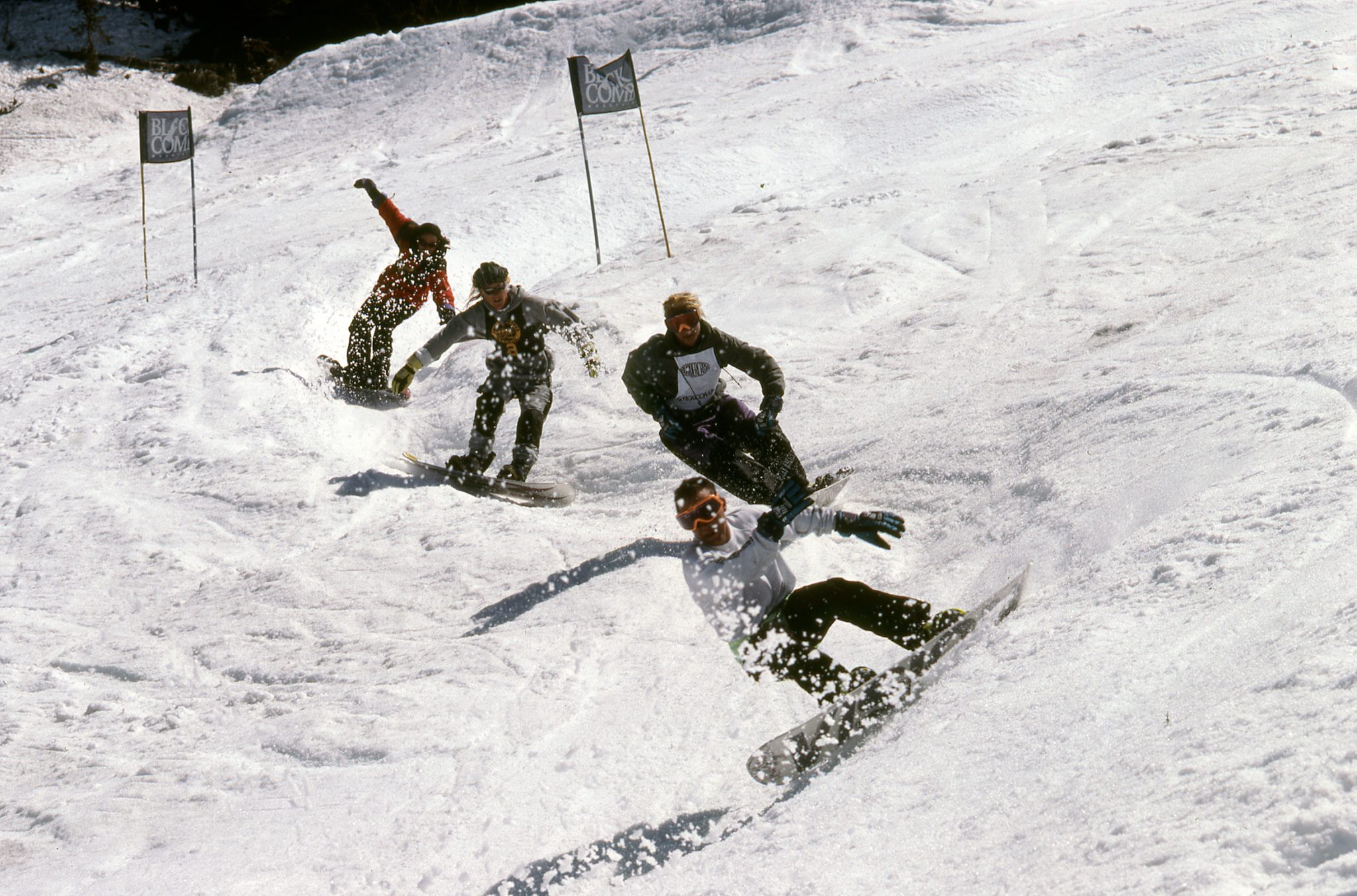 Snowboarders charge down the boarder cross on Blackcomb in 1991.