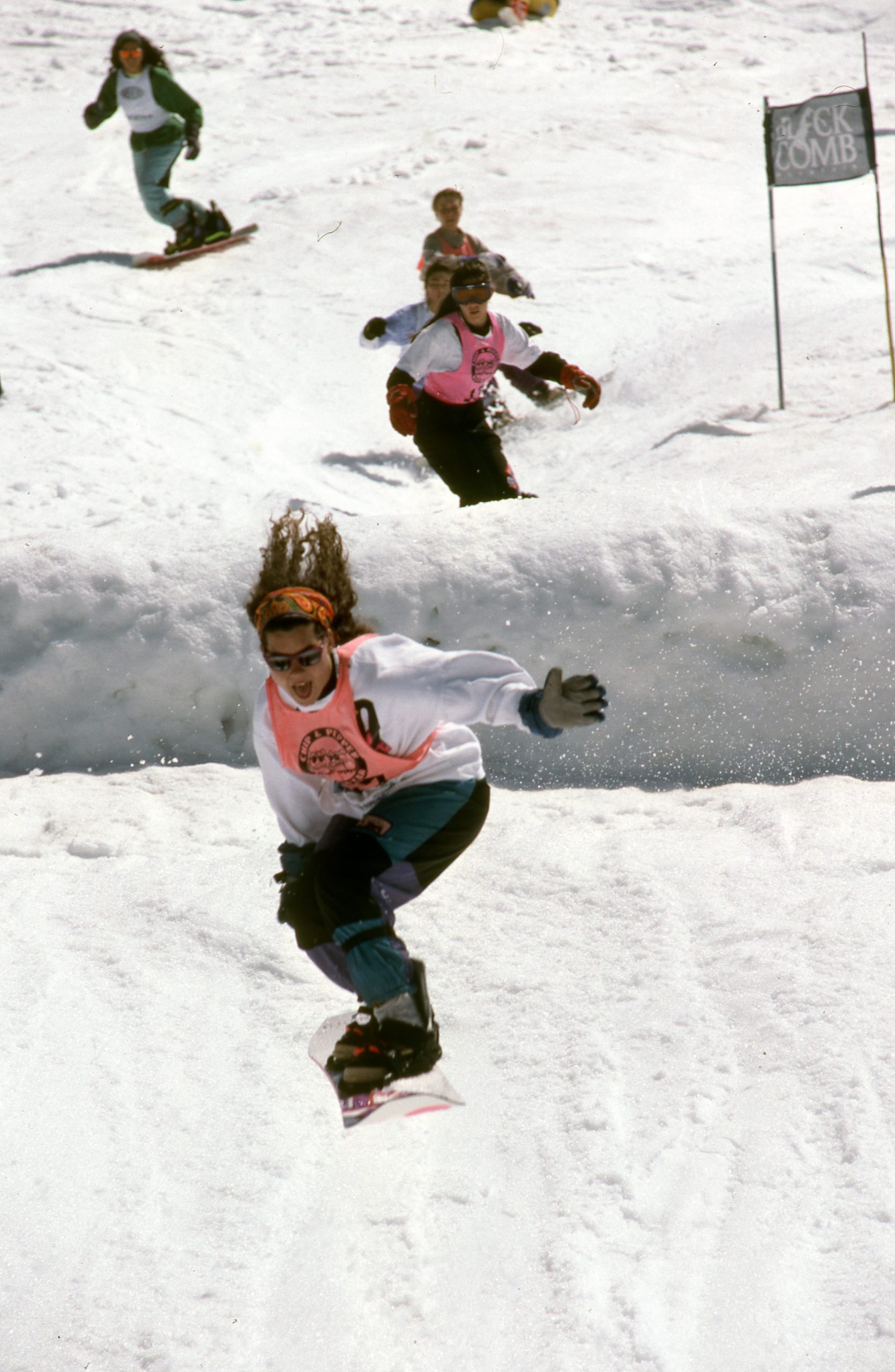 Snowboarders charge down the boarder cross on Blackcomb in 1991.