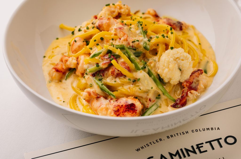A colourful pasta dish with seafood, served at Il Caminetto in Whistler.