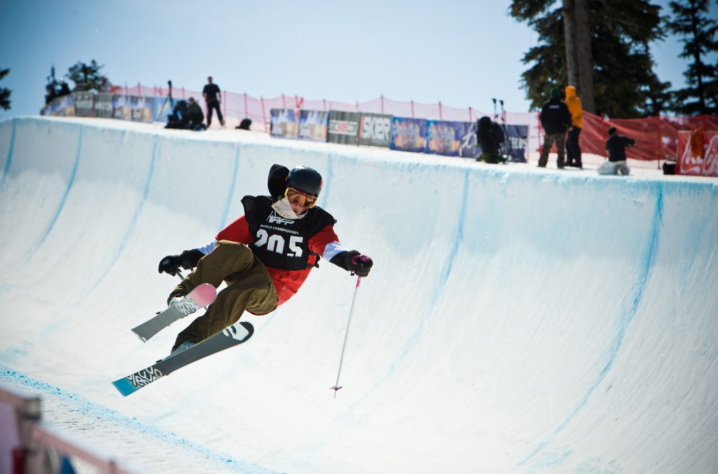 A skier does a trick on The Pipe at the World Ski & Snowboard Festival in Whistler.