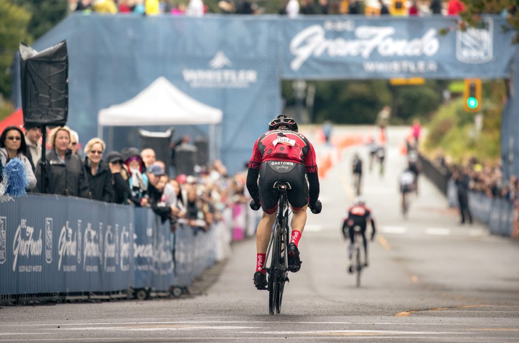 A cyclist heads toward the finish line at the GranFondo Whistler.