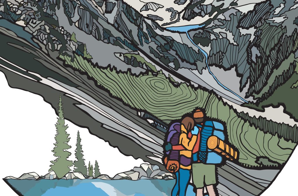 A Kate Zessel illustration depicting a mountain range with a couple, hugging enjoying the view.