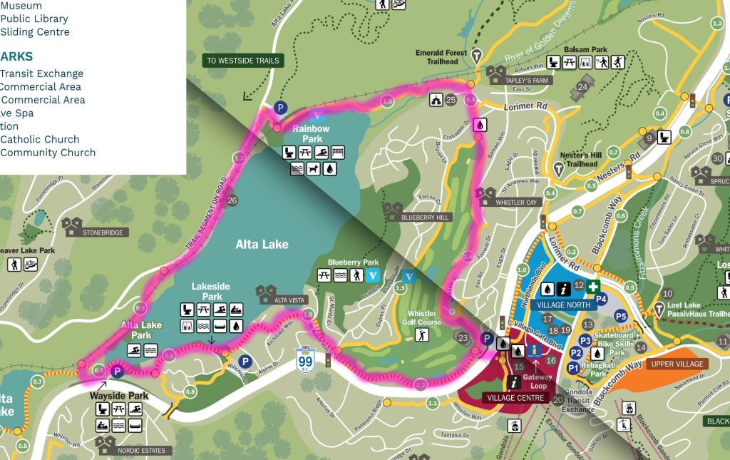The Whistler Valley Trail map with the route around Alta Lake marked in pink highlighter.
