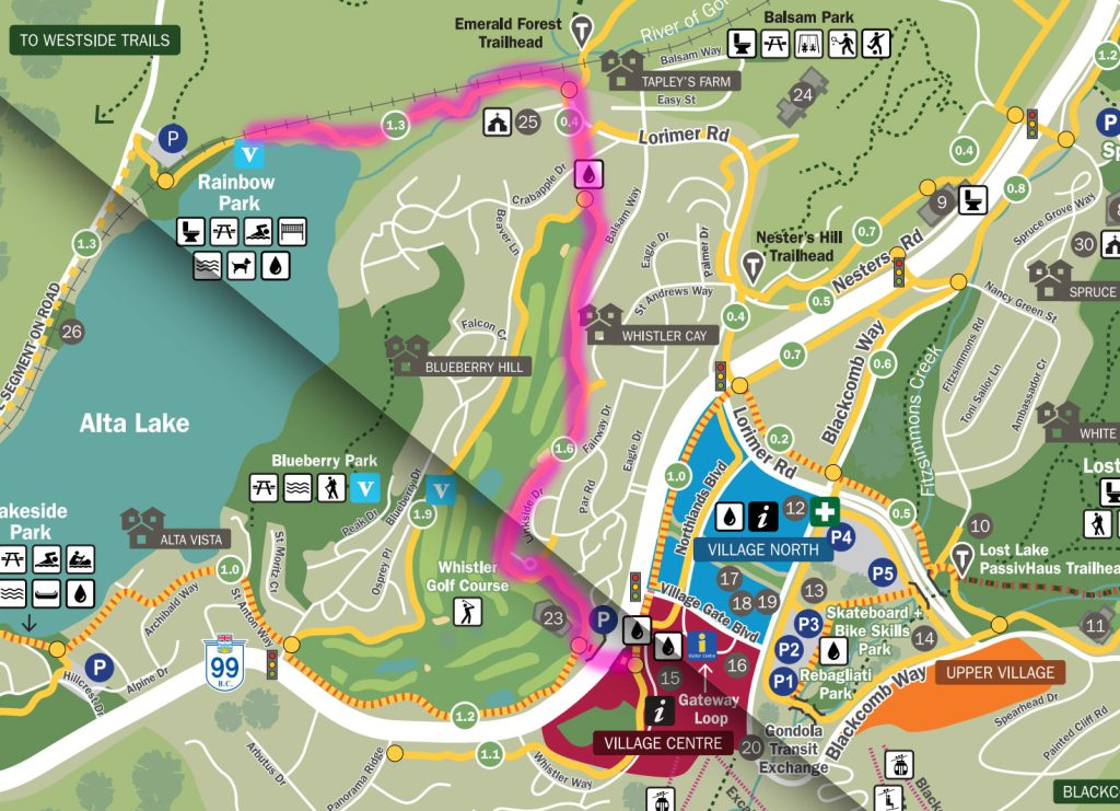 The Whistler Valley Trail map showing the route from the Village to Rainbow Park via the Whistler Golf Course.