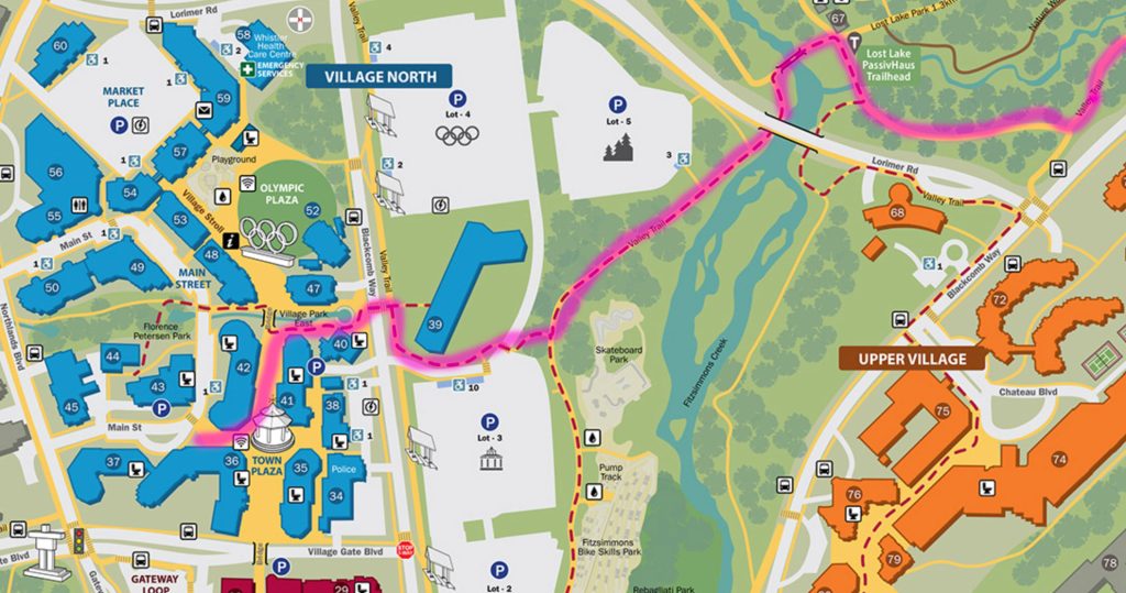 The Whistler Village map showing the route out to Lost Lake Park via the Whistler Valley Trail.