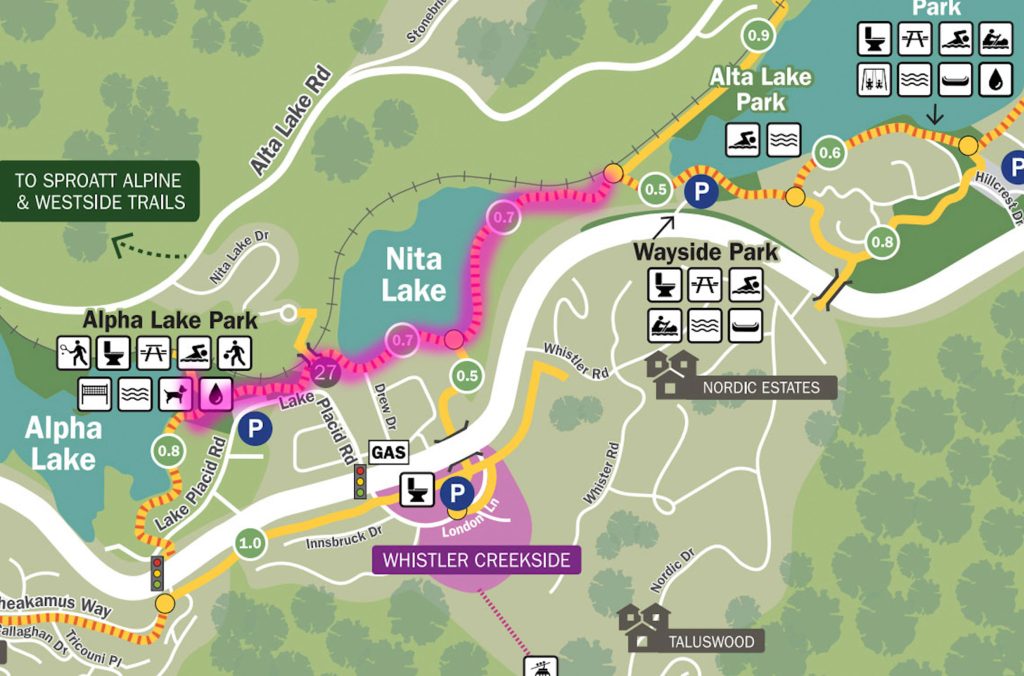 The Whistler Valley Trail map showing where to do if you want to add on a trip to Alpha Lake Park.