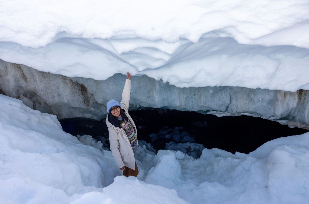 The small and hidden opening of the ice caves in Whistler.