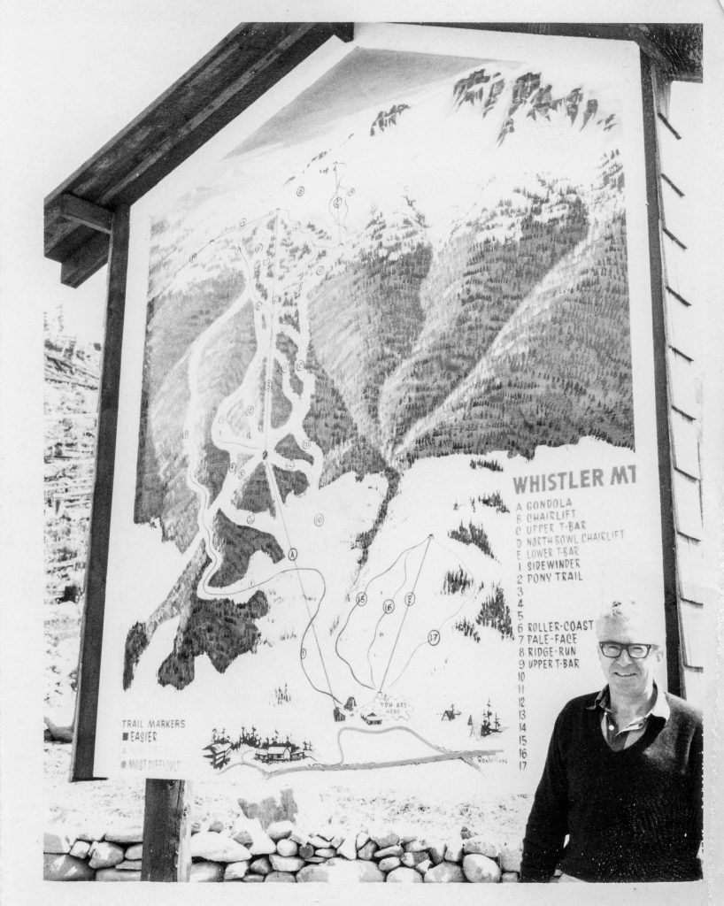 Garibaldi Lifts Ltd. President Franz Wilhelmsen next to one of the first trail maps of Whistler Mountain 1966.