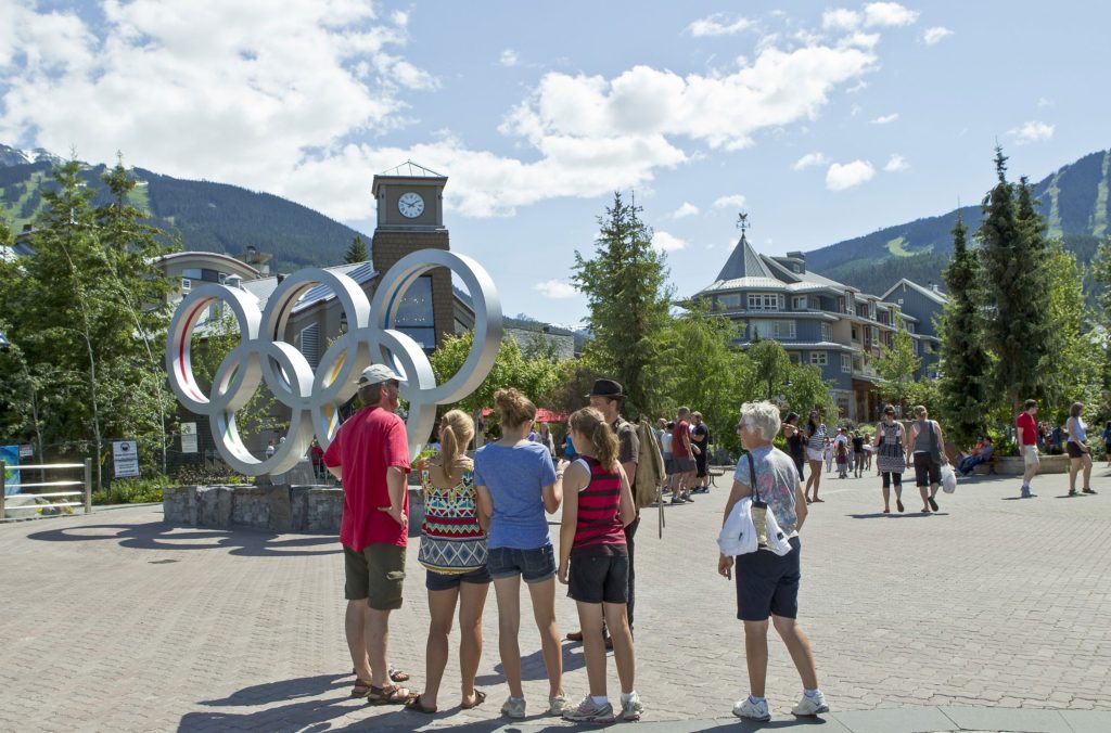 A small group of people listen to a museum member talk about Whistler's history by the Olympic rings at the plaza.
