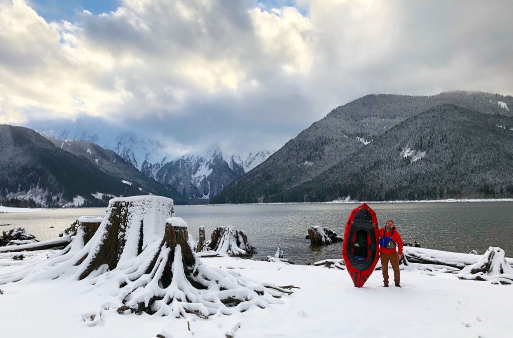 Sam Waddington winter packrafting on Wahleach Lake, Cheam Range, Chilliwack.