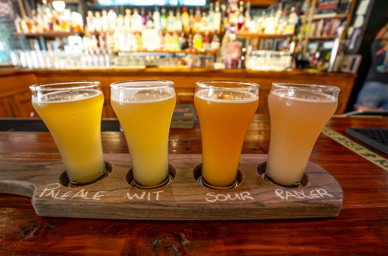 A tasting rack of local beers at the Fitzsimmons Pub in Whistler.