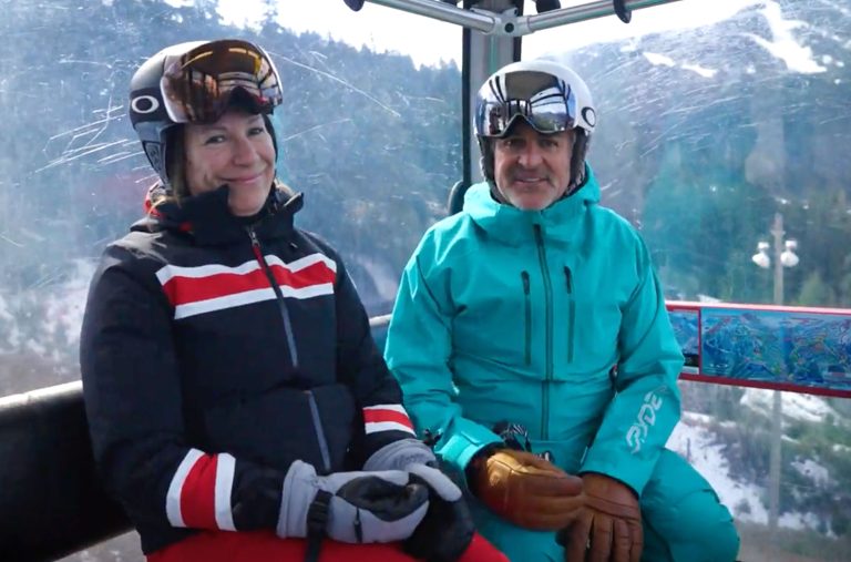 Ian and Laura MacNeil sit on a gondola on Whistler Blackcomb.