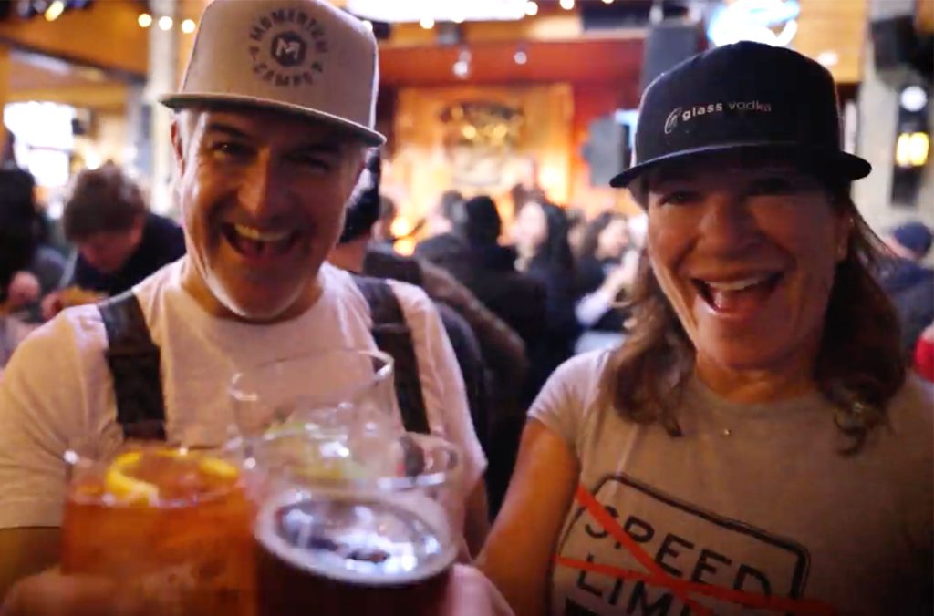 Ian and Laura celebrate a ski day at apres at Dusty's in Whistler.