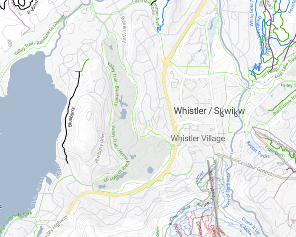 A detailed bike trail map of Whistler, highlighting an extensive network of trails winding through the mountains and forests. Interactive and mobile-friendly, it helps riders navigate with ease using ratings and wayfinding.