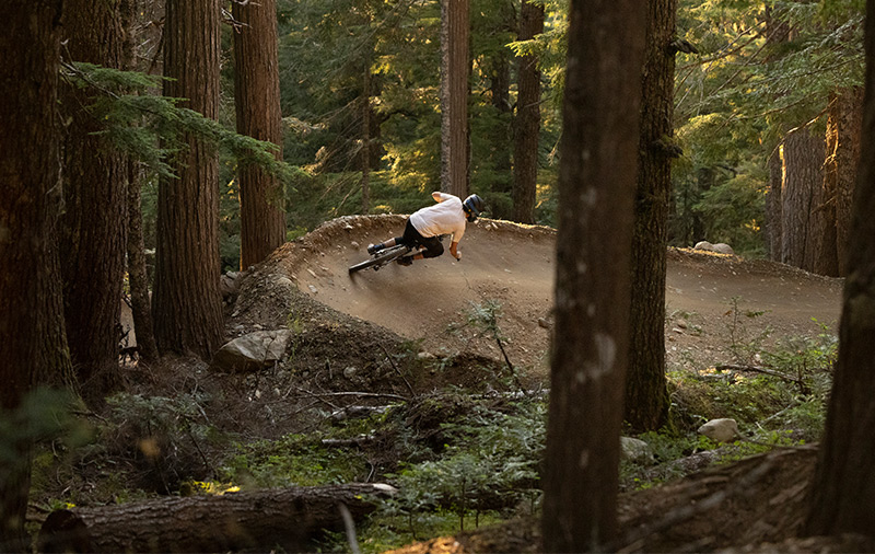 A mountain biker rides around a berm in the Whistler Bike Park. Tall trees surround the trail, with sunlight filtering softly through the branches.