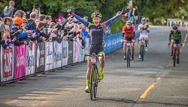 GranFondo Whistler particpants coming into the finish line in Whistler BC.