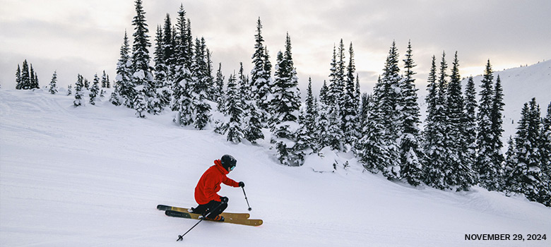 A skier on a groomer in Harmony zone on Whistler Mountain