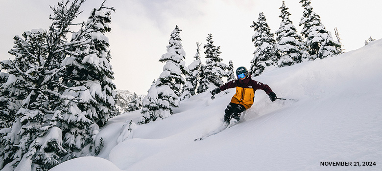 A skier on opening day on Blackcomb Mountain