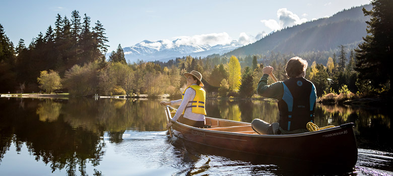 Couple canoeing on a Whistler lake in the fall
