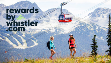 Two hikers walk through alpine wildflowers beneath the PEAK 2 PEAK Gondola with Whistler and Blackcomb Mountains in the background, promoting Rewards by Whistler.com.