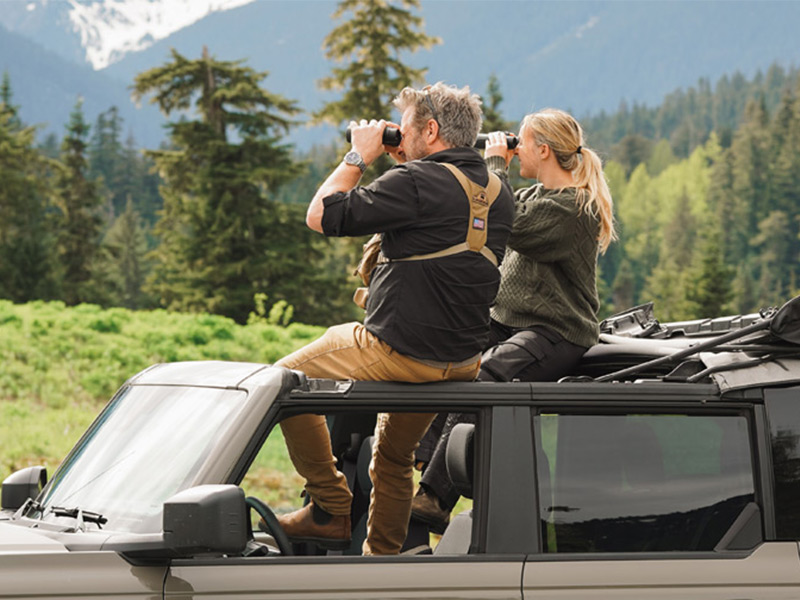 Guests on a Whistler bear viewing tour scan alpine forests and mountain slopes from a 4x4 safari vehicle.