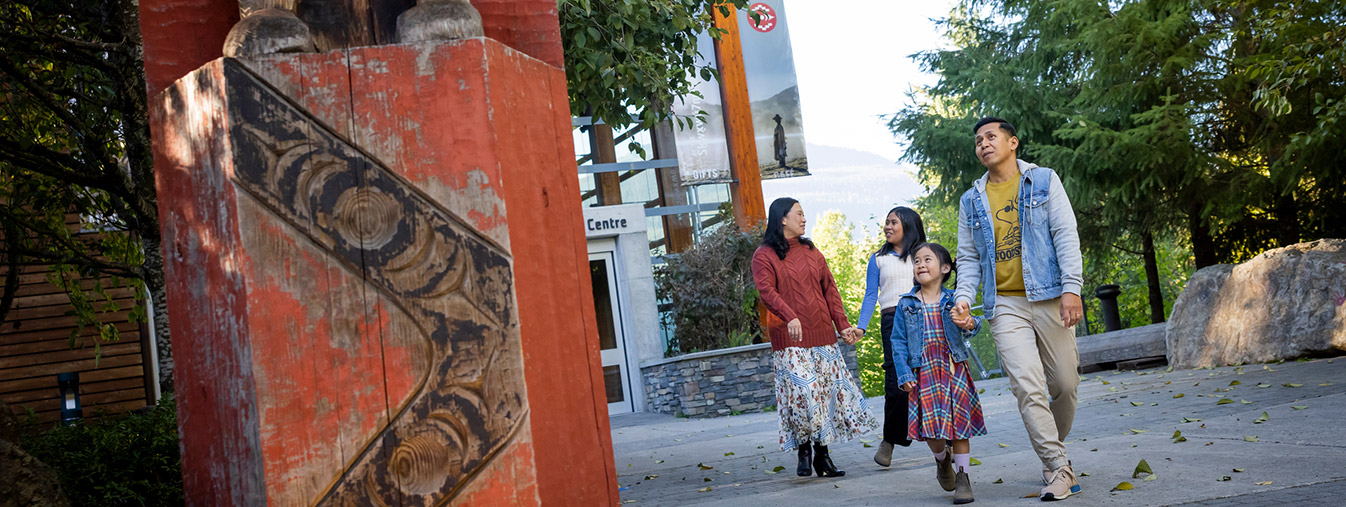 Family walking outside Squamish Lil'wat Cultural Centre in Whistler at Thanksgiving