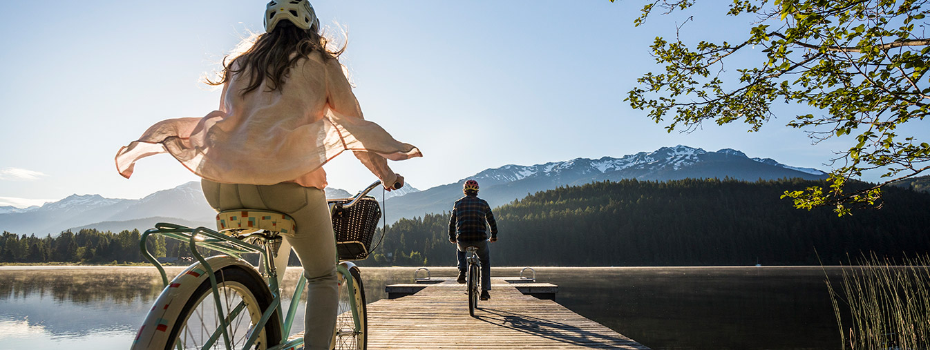 Riding cruiser bikes to the lake in spring in Whistler