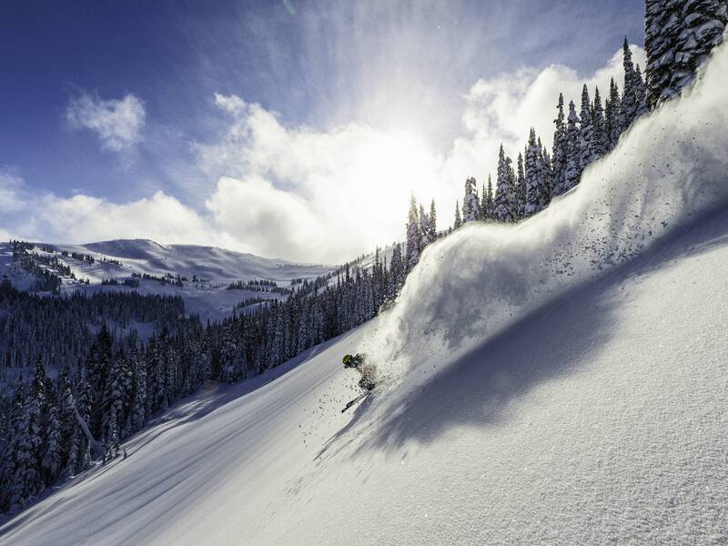 A skier enjoying fresh snow on a wide-open run at Whistler Blackcomb