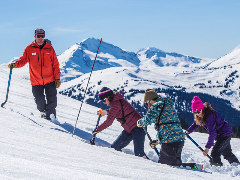 An avalanche guide teaches participants how to use avalanche rescue equipment during an Avalanche Skills Training course in Whistler's alpine terrain.
