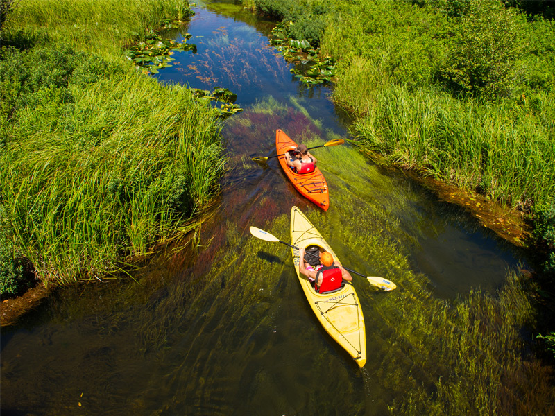 Canoes and kayaks on Alta Lake with mountain views near Rainbow Park in Whistler.