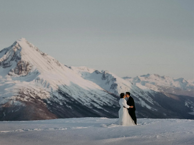 Helicopter landed in a remote alpine setting for an intimate wedding ceremony near Whistler.
