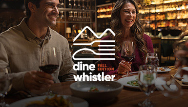 Two people drinking wine and dining at a restaurant in Whistler