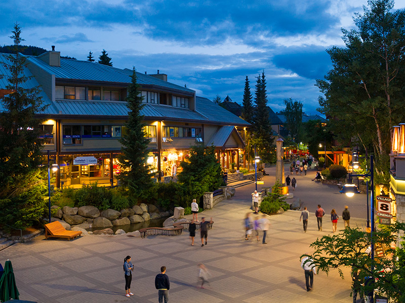 A view of the Village Stroll in the evening