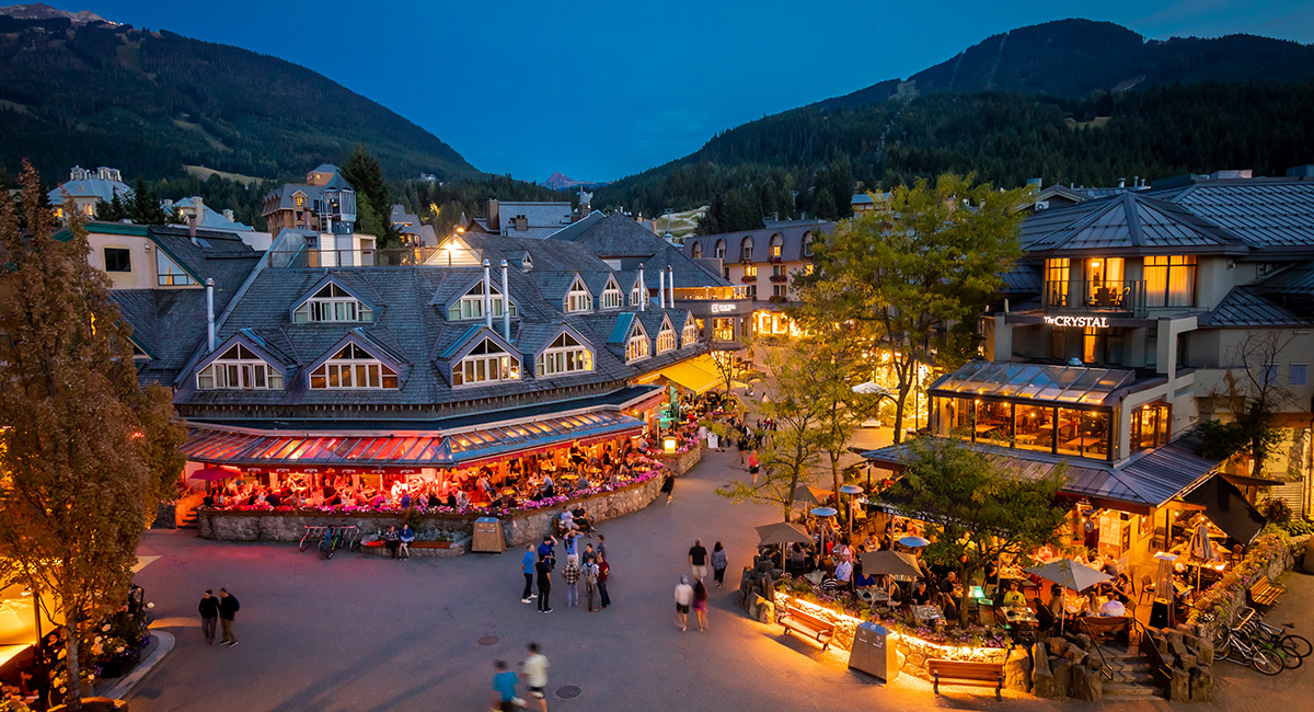 People strolling around Whistler village in the evening