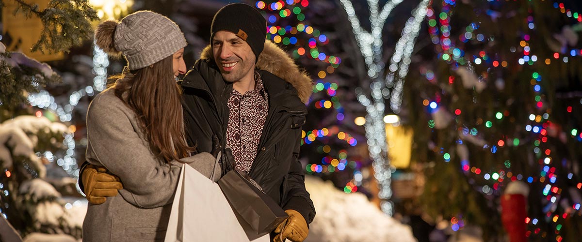 Couple shopping at Christmas in Whistler