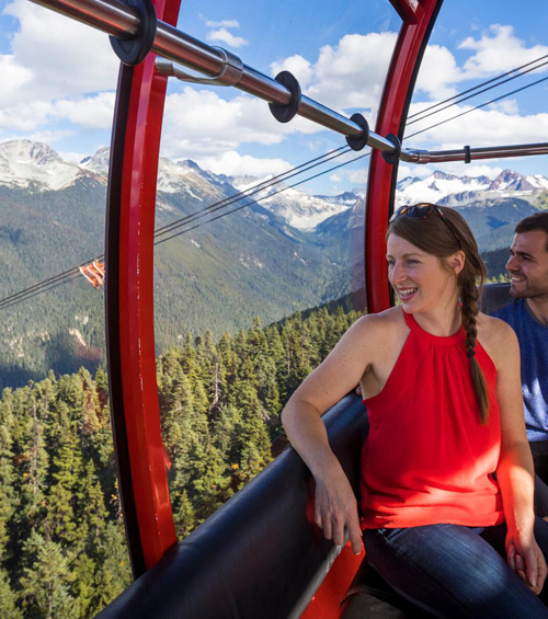 Couple smiling inside a red PEAK 2 PEAK Gondola cabin above a forested valley in Whistler, with snow-capped Coast Mountains and another gondola suspended on the cable in the distance.