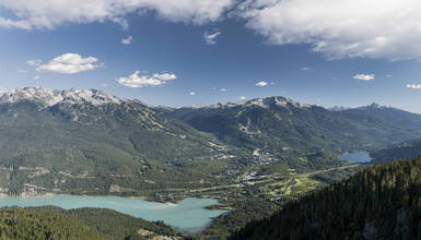 A panoramic view of Whistler, British Columbia, showcasing snow-capped mountains, lush green forests, and turquoise lakes. The village is nestled between Whistler and Blackcomb mountains, with winding roads weaving through the valley.