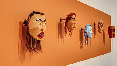 A selection of masks at the Curve! Women Carvers on the Northwest Coast exhibition at Audain Art Museum