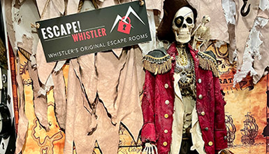 The skeleton of a pirate at Whistler's escape rooms, a fun indoor activity