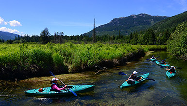 People kayaking on the River of Golden Dreams in Whistler BC