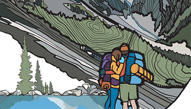 A Kate Zessel illustration depicting a mountain range with a couple, hugging enjoying the view.