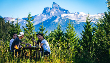 A family picknicking at Whistler Olympic Park in the summer