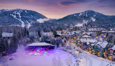 A bird's eye view of Whistler Village and the mountains in winter