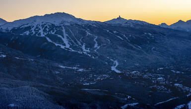 Whistler Mountain and Valley at sunset in the winter.