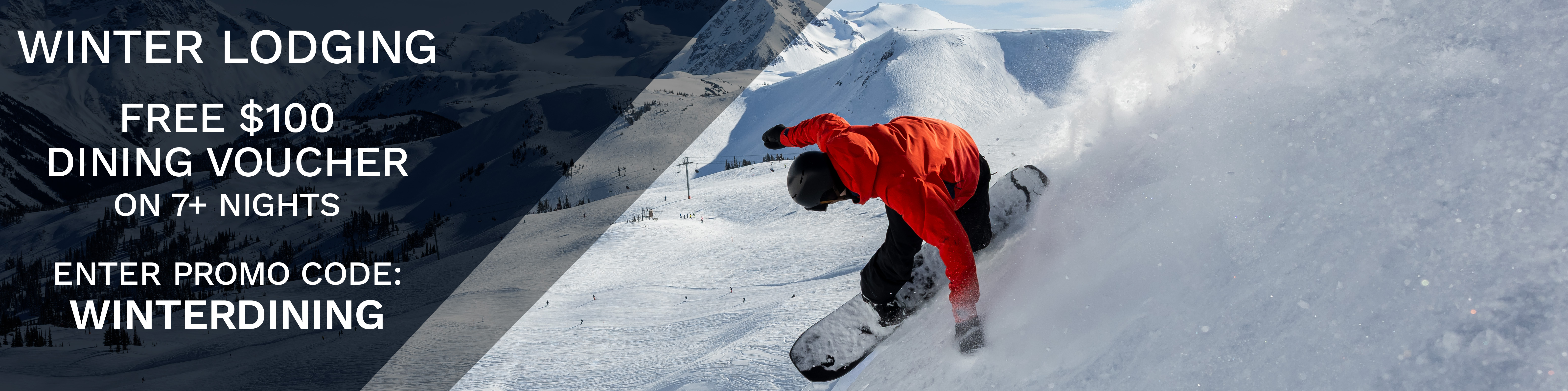 Snowboarder gliding through powder with skiers and mountains in the background